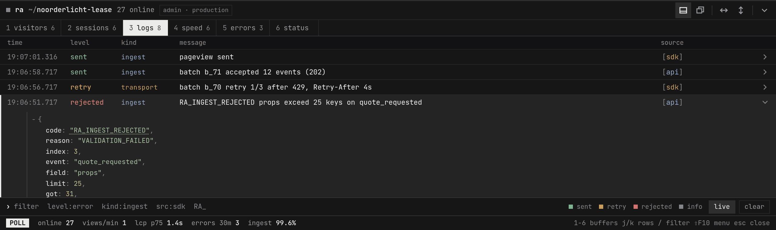 The dev widget docked to the bottom of a page, with the logs buffer open and one rejected event expanded as JSON